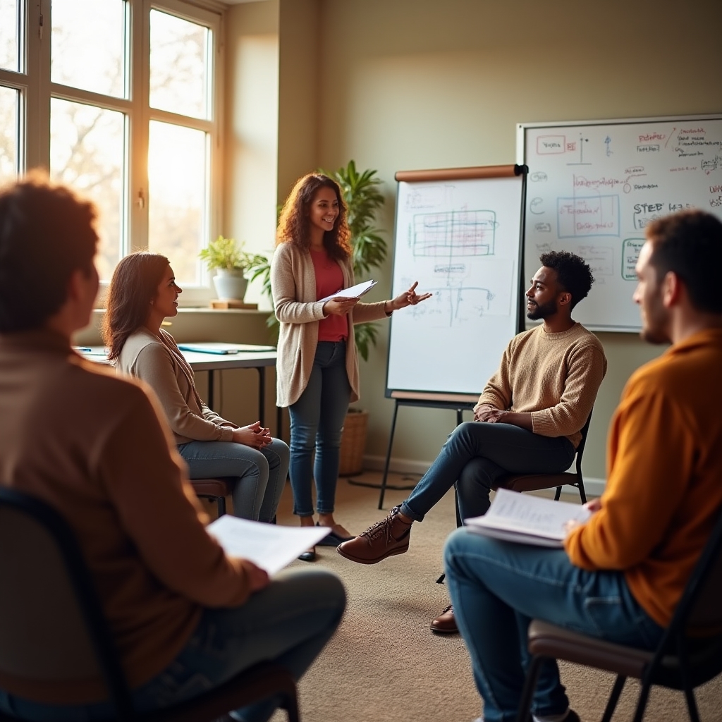 Gruppe von Teilnehmenden bei einem Bildungsworkshop, diskutiert an einem Tisch mit Unterlagen