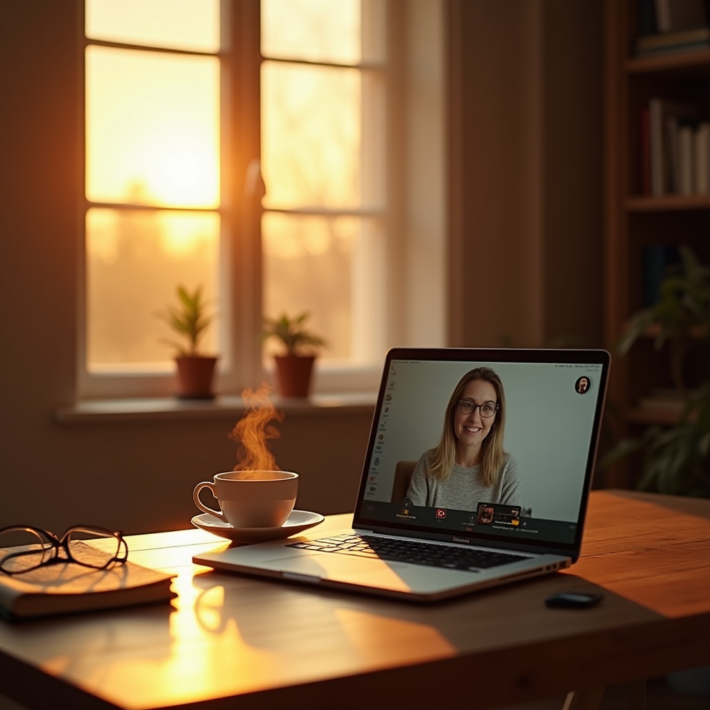 Ruhiger Arbeitsplatz mit Laptop während eines Webinars zur Altersvorsorge im warmen Abendlicht