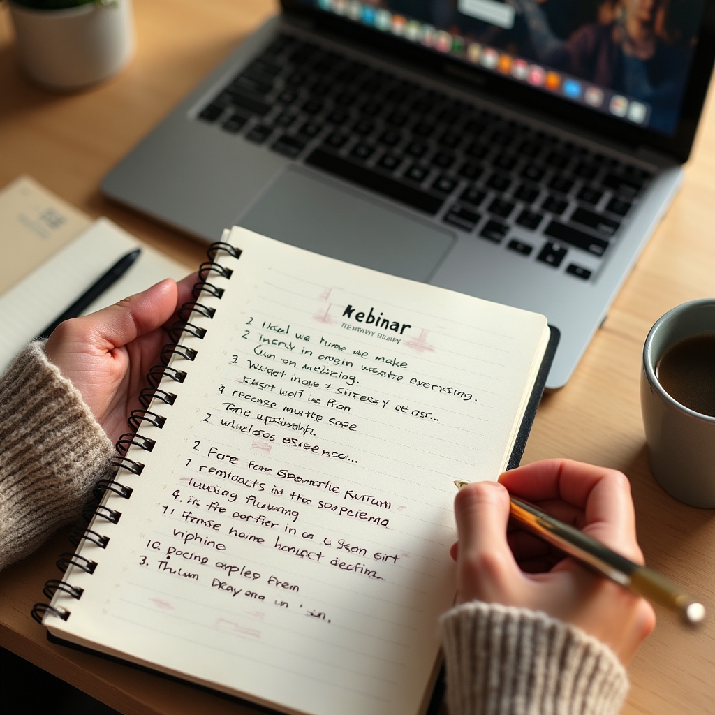 Notizblock mit handschriftlichen Stichpunkten neben einem Laptop während der Vorbereitung eines Webinars