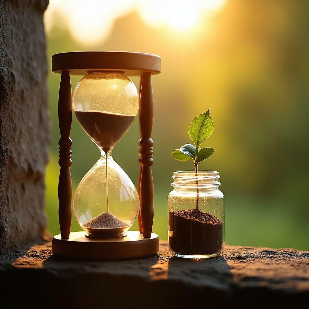 Sanduhr neben einer kleinen Pflanze symbolisiert Zeit und langfristiges Sparen im goldenen Licht